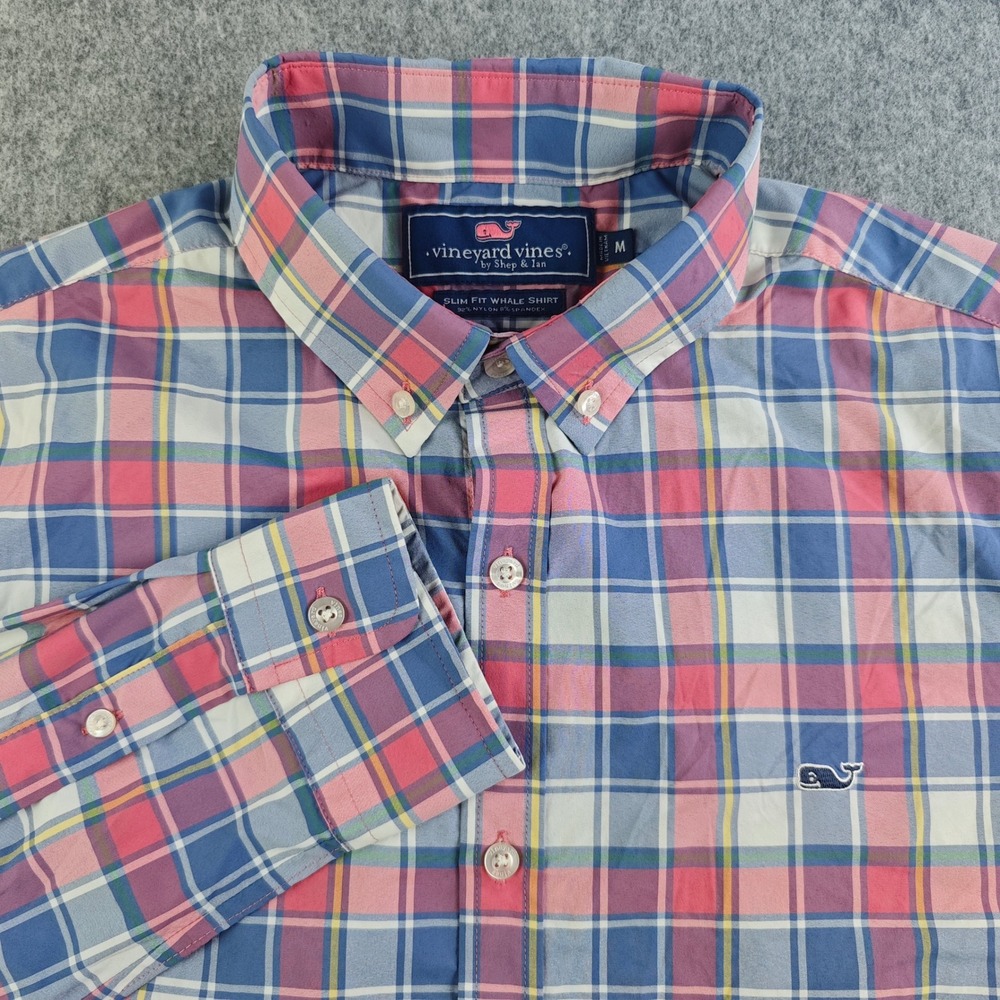 Vineyard Vines Slim Fit Whale Shirt Mens Medium Pink Blue Plaid Button Down
